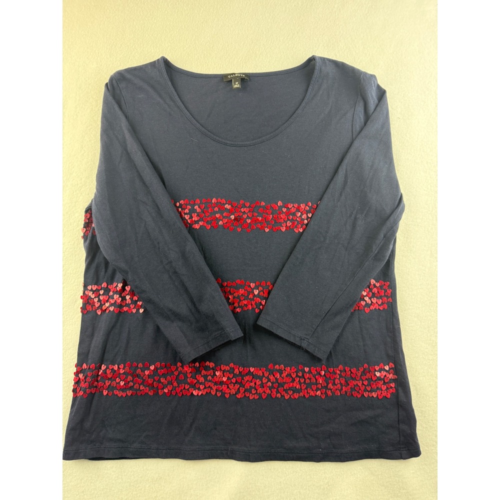 Talbots Navy Blue Long Sleeve Shirt Sequined Hearts Size Medium